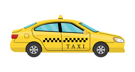 Car Taxi in Flat Style. View from Side. Taxi Yellow Car Cab isolated on white background. For Taxi Service App, Transport Company Ad, Infographics. Vector illustration for Your Designのイラスト素材