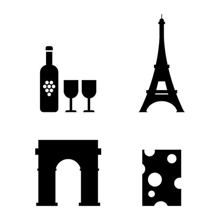 French Icons Set. Wine, Eiffel Tower, Triumphal Arch, Cheese. Vector illustration.のイラスト素材