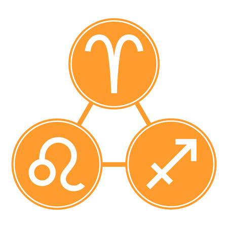 Aries, Sagittarius, Leo Icons. Vector Astrological, Horoscope Signs. Zodiac Symbols. Fire Element. Stickers. Vector illustration isolated on white background.のイラスト素材