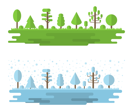 Vector Landscape of Forest, Park, Alley with Different Trees. Summer and Winter Forest Panorama, Outdoor. Flat Style. Vector illustration isolated on white background.のイラスト素材