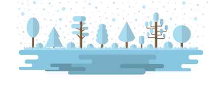 Vector Forest, Park, Alley with Different Trees. Winter Forest Panorama, Outdoor. Flat Style. Vector illustration isolated on white background.のイラスト素材