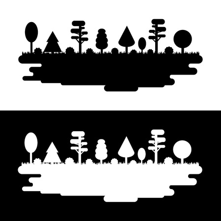 Forest, Park, Alley with Different Trees. Black and White Silhouette Panorama. Dark and Light. Vector illustration isolated on white backgroundのイラスト素材