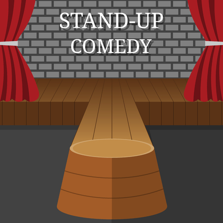 Stand-Up Comedy Vector Interior. Theater Scene with Red Curtains and Grey Brick Wall. Vector illustration for Your Design.のイラスト素材