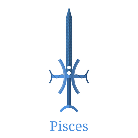 Pisces Sword. Zodiac Sign. Flat Cartoon Zodiacal Weapon. One of 12 Zodiac Weapons. Vector Astrological, Horoscope Sign. Vector illustration isolated on white background.のイラスト素材