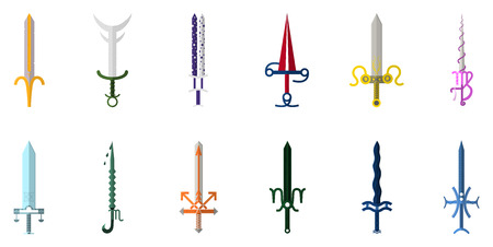 Set of 12 Zodiac Swords isolated on white background. Zodiacal Weapon Collection. Zodiac Sign. Flat Cartoon Zodiacal Weapon. Astrological, Horoscope Sign. Vector illustration for design, web.のイラスト素材