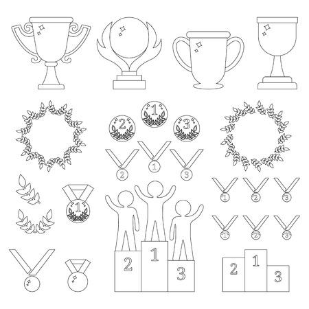 Vector Collection of Sport Awards. Outline Icons of Trophies, Medals, Pedestal, Laure Frames, Coins. First, Second, Third Places. Humans on Podium. Vector illustration for Your Design, Web.のイラスト素材