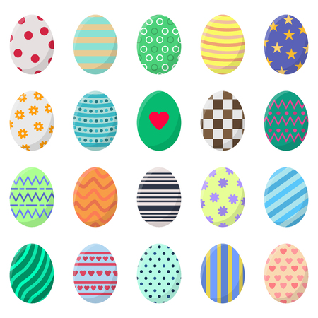 Set of Easter Eggs isolated on white background. Different Colorful Eggs with Stripes, Dots, Hearts and Patterns. Perfect For Greeting Cards, Invitations. Vector illustration in Flat Design.のイラスト素材