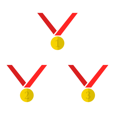 Set of Vector Golden Medal Icons isolated on white background. First, Second, Third Places. Flat Gold Award of Winner. Vector illustration for Your Design, Web.のイラスト素材