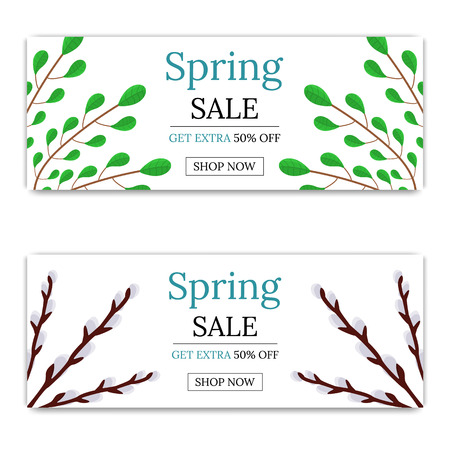 Spring Sale Discount. Flyer or Brochure with Green Branches and Willow Twigs. Vector illustration for Your Design, Web, Print.のイラスト素材