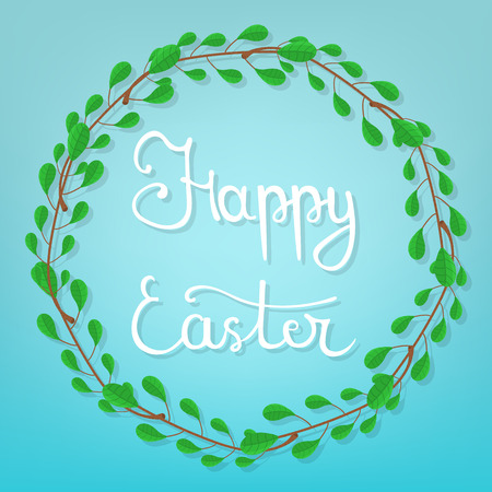 Calligraphy Lettering Happy Easter on Blue Background. Beautiful Floral Frame. Circle Frame from Green Branches. Vector illustration for Your Design, Web.のイラスト素材