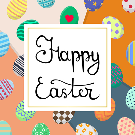 Calligraphy Lettering Happy Easter Inscription. Easter Card with Colorful Eggs on Overlap Background. For Greeting or Invitation Postcard. Vector illustration for Your Design, Web, Print.のイラスト素材