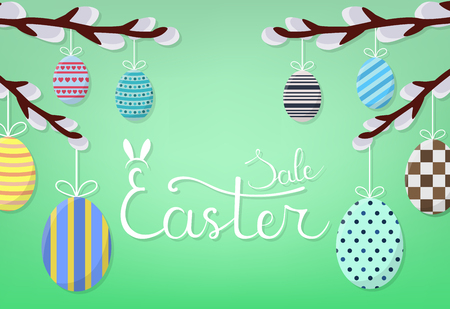 Calligraphy Lettering Easter Sale Inscription on Green Background. Different Hanging Easter Eggs on Willow Branches. Discount, Flyer, Brochure. Vector illustration for Your Design, Web.のイラスト素材