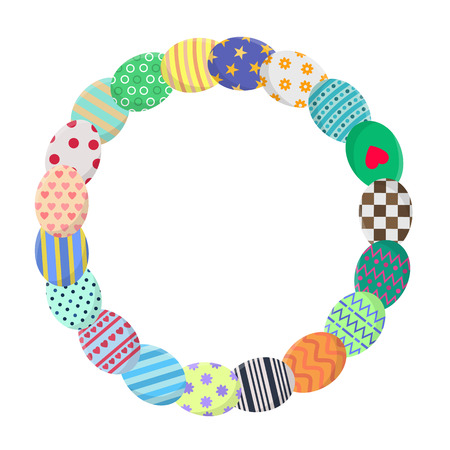 Circle Frame with Colorful Eggs in Wreath Form. Greeting or Invitation Template with Space for Text. Vector illustration for Your Design, Web, Print.のイラスト素材