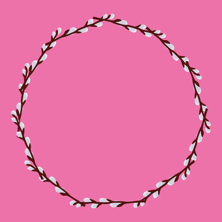 Circle Frame from Willow Branches on pink background with place for text. Wedding Decorations, Invitations. Vector illustration for Your Design, Web.のイラスト素材