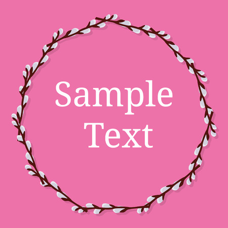 Circle Frame from Willow Branches on pink background with place for text. Wedding Decorations, Invitations. Vector illustration for Your Design, Web.のイラスト素材