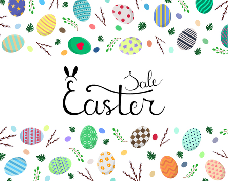 Calligraphy Lettering Easter Sale Inscription. Easter Template with Easter Eggs, Willow Branches, Monstera Leaves. For Discount, Flyer, Brochure. Vector illustration for Your Design, Web.のイラスト素材