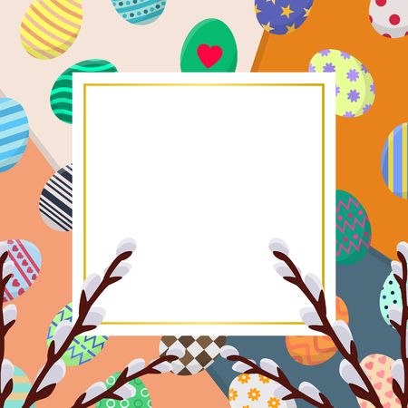 Template of Easter Card with Colorful Eggs on Overlap Background. Greeting or Invitation Template with Space for Text. Vector illustration for Your Design, Web, Print.のイラスト素材
