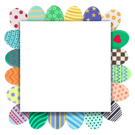 Template of Easter Card with Colorful Eggs in Wreath Form. Greeting or Invitation Template with Space for Text. Vector illustration for Your Design, Web, Print.のイラスト素材