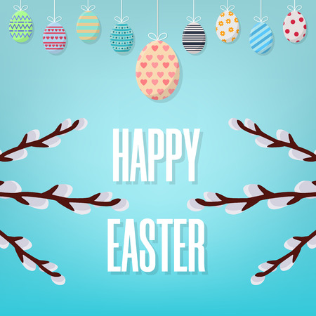 Easter Card. Happy Easter Inscription on Blue Background. Different Hanging Easter Eggs. Willow Branches. Vector illustration for Your Design, Web.のイラスト素材