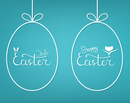 Vector Template of Hanging Egg Form with Lettering Easter Sale and Happy Easter on blue background. For Easter Sale Banner, Flyer, Brochure, Postcard. Vector illustration for Your Design, Web.のイラスト素材