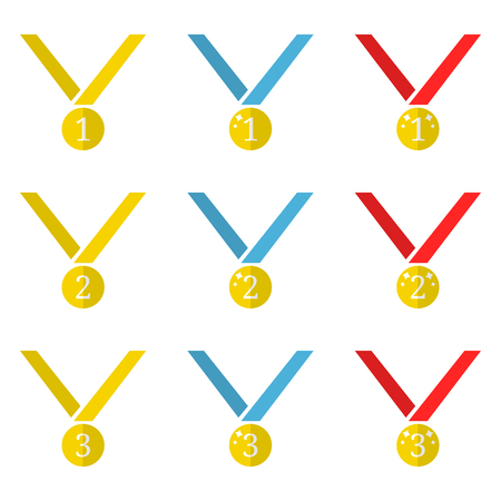 Set of Vector Golden Medal Icons isolated on white background. First, Second, Third Places. Flat Gold Award of Winner. Vector illustration for Your Design, Web.のイラスト素材
