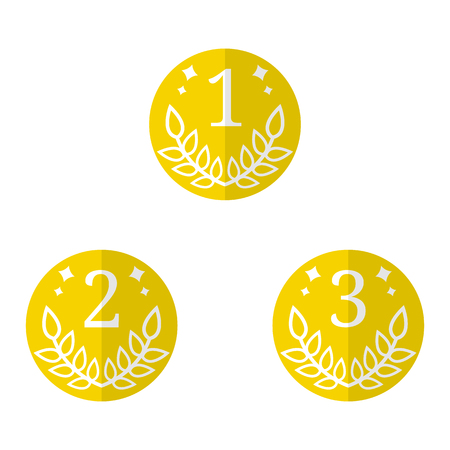 Quality Signs. Vector Coin Icon isolated on white background. First, Second, Third Places.Flat Gold Award of Winner. Vector illustration for Your Design, Web.のイラスト素材