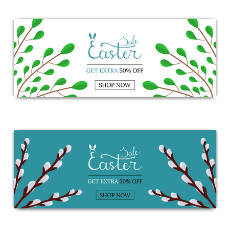 Easter Sale Discount. Flyer or Brochure with Green Branches and Willow Twigs. Vector illustration for Your Design, Web, Print.のイラスト素材