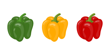 Fresh Bell Pepper Vegetables isolated on white background. Green, Yellow, Red Pepper Icons for Market, Recipe Design. Cartoon Flat Style. Vector illustration for Your Design, Web.のイラスト素材