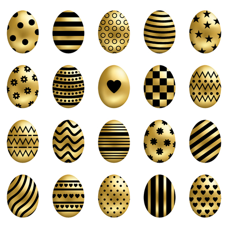Set of Golden Easter Eggs isolated on white background. Different Colorful Eggs with Stripes, Dots, Hearts and Patterns. Perfect For Greeting Cards, Invitations. Vector illustration for Your Design.のイラスト素材