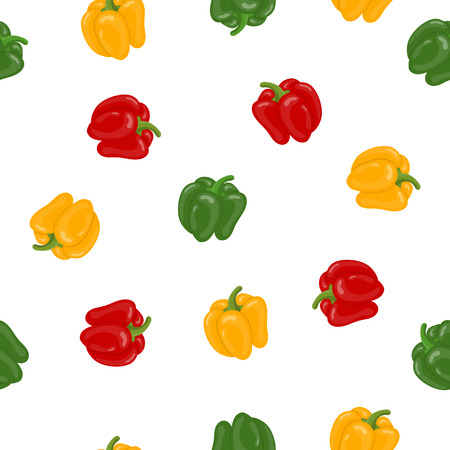 Seamless Pattern with Fresh Bell Pepper Vegetables on white background. Green, Yellow, Red Pepper. Cartoon Flat Style. Vector illustration for Your Design, Web, Wrapping Paper, Fabric, Wallpaper.のイラスト素材