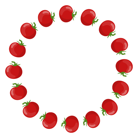 Circle Frame from Tomatoes with Space for Text. Fresh Red Tomato Vegetable isolated on white background. For Market, Recipe Design. Organic Food. Cartoon Style. Vector illustration for Your Design.のイラスト素材