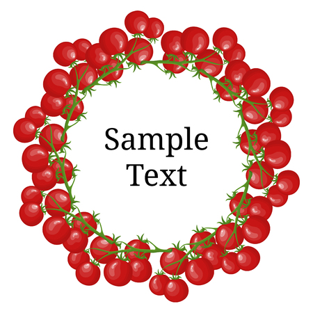 Circle Frame from Tomatoes with Space for Text. Fresh Red Cherry Tomato Branch Vegetable isolated on white background. Organic Food. Cartoon Style. Vector illustration for Your Design, Web.のイラスト素材