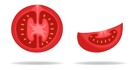 Fresh Red Tomato Half and Slice isolated on white background. Vegetable Icon for Market, Recipe Design. Organic Food. Cartoon Flat Style. Vector illustration for Your Design, Web.のイラスト素材