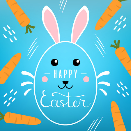 Easter Card with Lettering Inscription on blue background. Cute Bunny, Carrots and Abstract Shapes. For Easter Banner, Poster, Flyer, Brochure, Postcard. Vector illustration for Your Design, Web.のイラスト素材