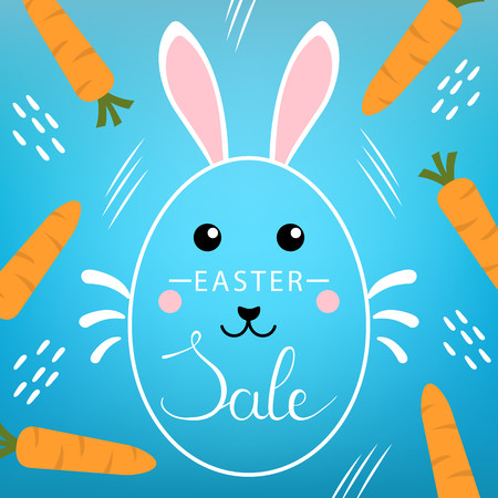Easter Discount with Lettering Inscription on blue background. Cute Bunny, Carrots and Abstract Shapes. For Easter Banner, Poster, Flyer, Brochure. Vector illustration for Your Design, Web.のイラスト素材