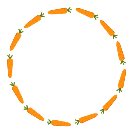 Carrot Wreath. Fresh Vegetables isolated on white background. Circle Frame from Carrot for Market, Recipe Design. Cartoon Style. Vector illustration for Your Design, Web.のイラスト素材