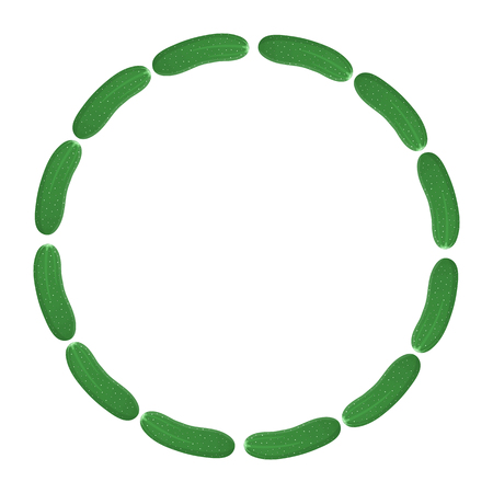 Cucumber Wreath. Fresh Vegetables isolated on white background. Circle Frame from Cucumber for Farm, Market, Recipe Design. Cartoon Style. Vector illustration for Your Design, Web.のイラスト素材