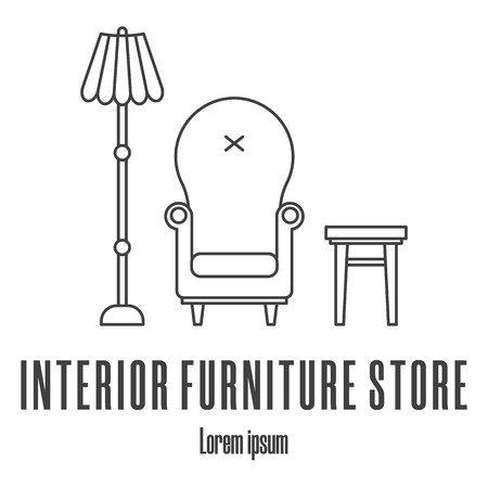 Line style icons of a armchair, lamp, stool. Interior furniture store logo. Clean and modern vector illustration.のイラスト素材