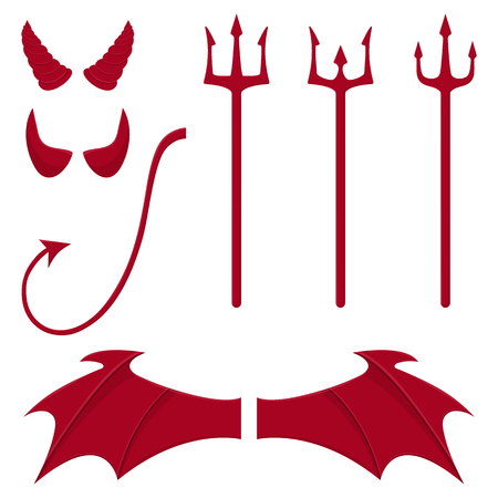 Set of devil elements isolated on white background. Red horns, tridents, wings, tail. Clean and modern vector illustration for design, webのイラスト素材