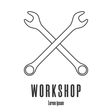 Line style icon of crossed wrenches. Workshop, mechanic, repair service template. Clean and modern vector illustration.のイラスト素材