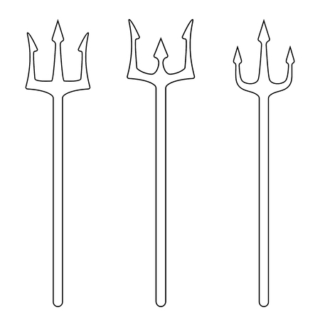 Set of outline tridents isolated on white background. Devil, neptune trident. Line style. Clean and modern vector illustration for design, web.のイラスト素材