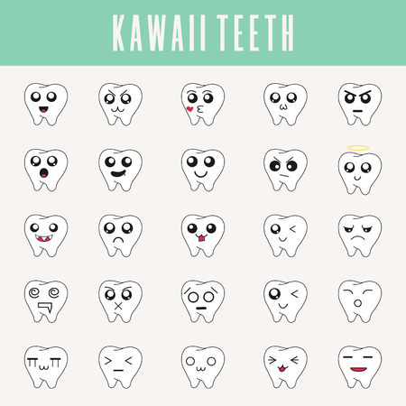 Cute little teeth in kawaii style. Set of emoticons, emoji icons. Clean and modern vector illustration for design, web.のイラスト素材