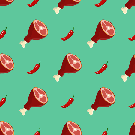 Seamless pattern with meat and chilli papper. Texture for fabric or wallpaper. Kitchens background. Vector illustration.のイラスト素材