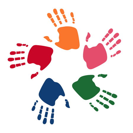 Colorful human palms. Children's hand print. icon template. Symbol of team, friendship, united, support, family. Clean and modern vector illustration for design, web.のイラスト素材