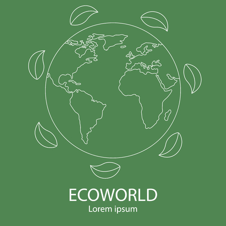 Eco world  template. Line style icon of earth with leaves. Unique global and natural, organic logotype. Clean and modern vector illustration for design, web.のイラスト素材