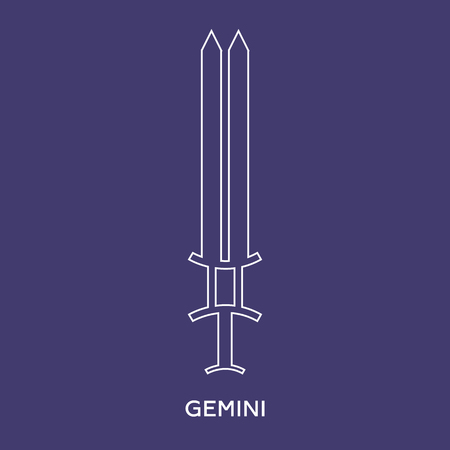 Gemini zodiac sign. Line style icon of zodiacal weapon sword. One of 12 zodiac weapons. Astrological, horoscope sign. Clean and modern vector illustration for design, web.のイラスト素材
