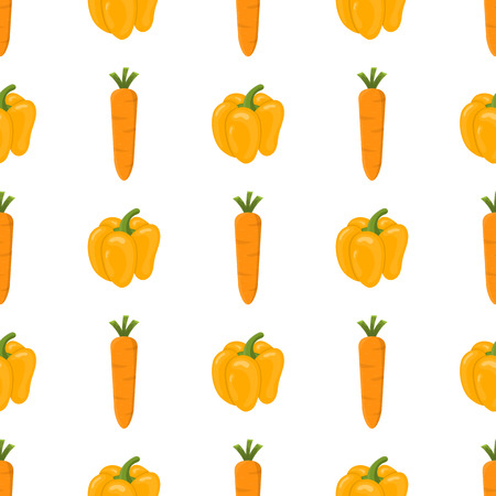 Seamless pattern with fresh carrot and bell pepper vegetables. Organic food. Cartoon style. Vector illustration for design, web, wrapping paper, fabric, wallpaper.のイラスト素材