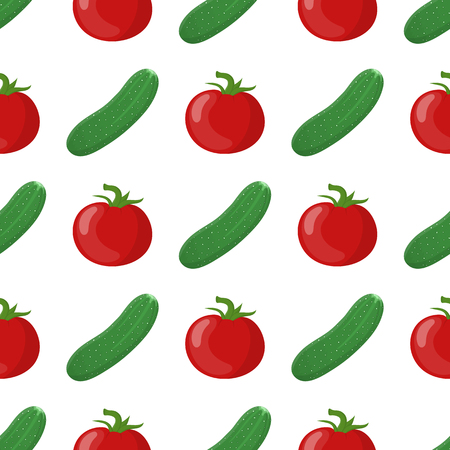 Seamless pattern with cucumber and tomato vegetables. Organic food. Cartoon style. Vector illustration for design, web, wrapping paper, fabric, wallpaper.のイラスト素材