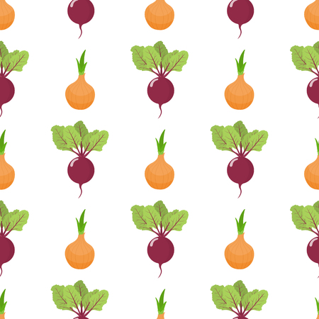 Seamless pattern with fresh onion and beet vegetables. Organic food. Cartoon style. Vector illustration for design, web, wrapping paper, fabric, wallpaper.のイラスト素材