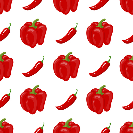 Seamless pattern with fresh bell pepper and chilli pepper vegetables. Organic food. Cartoon style. Vector illustration for design, web, wrapping paper, fabric, wallpaper.のイラスト素材